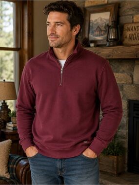 Bob Timberlake Men’s L Quarter Zip Pullover Sweater Burgundy Knit 100% Cotton